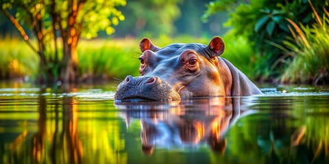 Fototapeta premium A hippopotamus partially submerged in tranquil water, its reflection mirroring the vibrant green foliage and golden sunlight