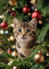 Tabby kitten peeking through Christmas tree decorations , whimsical holiday scene, twinkling red ornaments, sparkling tree branches