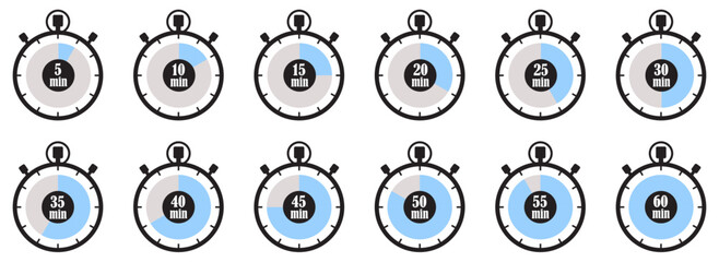 Countdown timer icon set collection with 5 10 15 20 25 30 35 40 45 50 55 and 60 minutes. Stopwatch Countdown Icons. Timer Clock Vector Set. Time Tracking Illustration. Countdown Stopwatch. clock watch
