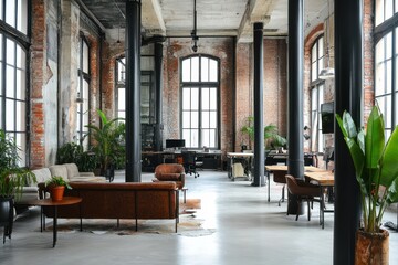 Naklejka premium Industrial Loft Office Space with Plants
