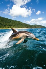 Naklejka premium Tropical ocean wildlife dynamic dolphin leaping in coastal wilderness photography exploration