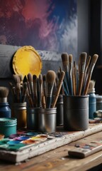 The colors and textures of paints and brushes in a studio setup, creating an artistic composition, creative space, artistic medium
