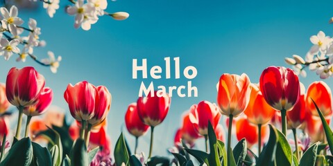 Colorful tulips blooming in a field welcoming march under a blue sky