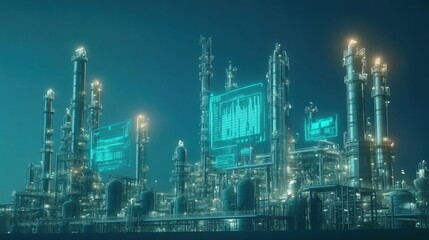 A D-rendered futuristic city factory with holographic displays on a glowing cyan background