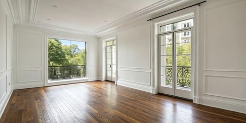 Obraz premium Spacious White Room with Balcony and Large Window, Perfect for Minimalist Design and Product Photography