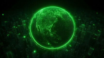 Obraz premium futuristic green city with glowing globe, showcasing advanced technology and urban development. vibrant green hues create sense of innovation and sustainability