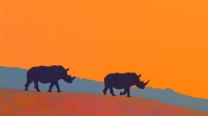 Silhouette of Two Rhinoceroses Walking on a Hill in a Desert Landscape with a Dramatic Orange Sunset Sky in the Background  Minimalist Stylized