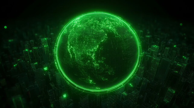 futuristic green city with glowing globe, showcasing advanced technology and urban development. vibrant green hues create sense of innovation and sustainability