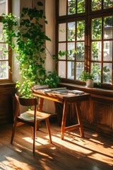 Obraz premium Wooden desk with greenery, bathed in sunlight by window, for home office, study