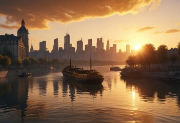 Obraz premium The sun casting a golden glow over the scene of the sinking ship in the Seine River, with the city's skyline reflected in the water, vessel, ship, water