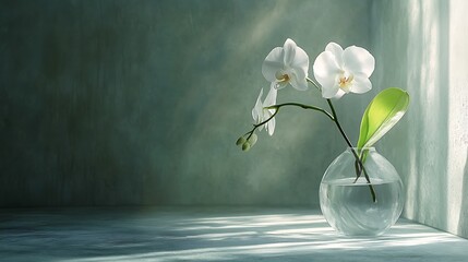 A peaceful still life of a single white orchid in a simple glass vase, placed on a smooth gray concrete surface, with soft shadows cast by indirect natural light. --ar 16:9