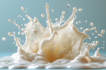Milk splash creating dynamic droplets against a soft blue background in a kitchen setting