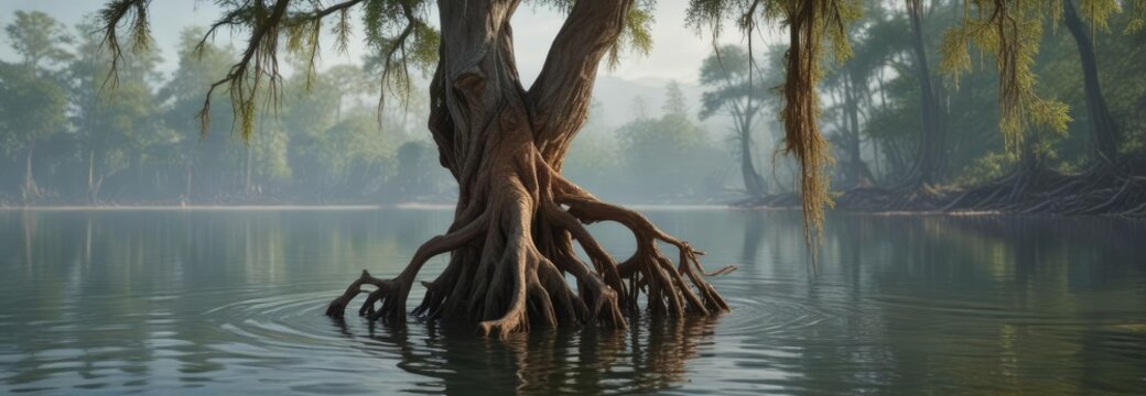 The twisted roots of a bald cypress tree stretch out into the lake water as if trying to reconnect with its natural surroundings, , serenity, lake shore