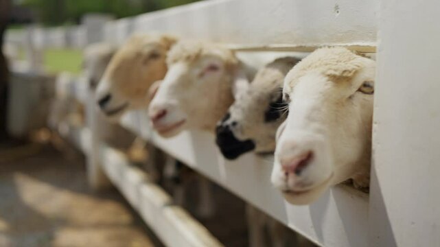 A flock of sheep standing eagerly in a wooden pen, waiting hungrily for food at the farm