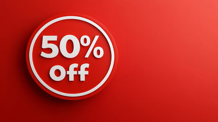 50% off sign in bold three dimensional design on vibrant red background, perfect for promotions and sales. Eye catching and modern, ideal for advertising