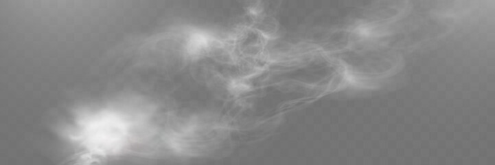 Realistic white smoke or mist effect with soft, swirling patterns on a transparent background. Perfect for overlays and atmospheric designs.	