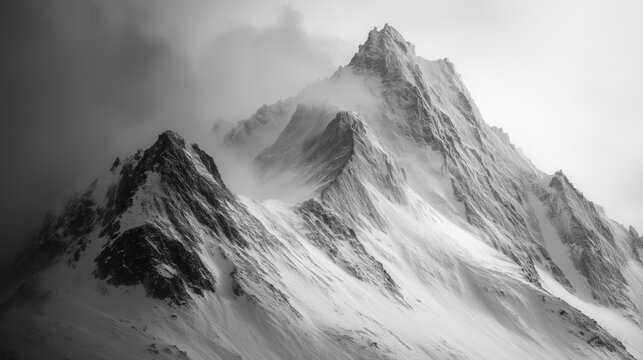Beautiful black and white photography of snowy mountains in the wind and snow.