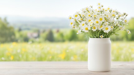 Fototapeta premium Daisies in vase, spring meadow background, nature scene, home decor