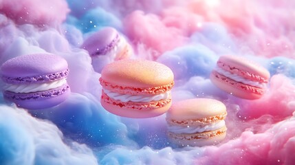 Obraz premium A surreal food art creation with colorful macarons floating in mid-air, surrounded by swirling pastel clouds and shimmering edible glitter, illuminated by soft,