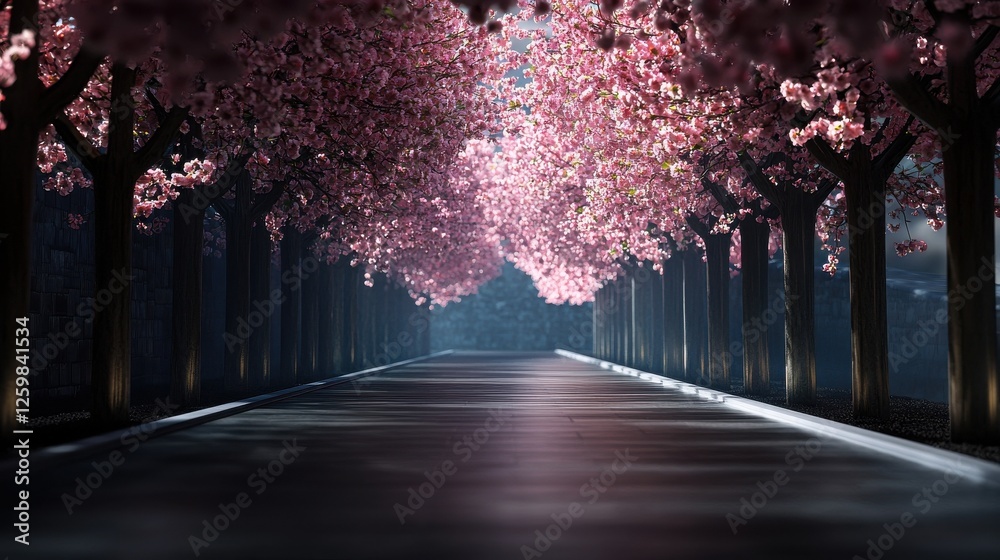 Aufkleber a long road with a row of cherry trees on either side