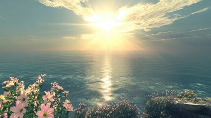 Panoramic ocean view with sunbeams shining above a calm sea