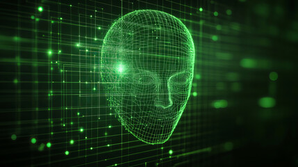 Obraz premium futuristic digital rendering of human head in green, showcasing intricate lines and glowing elements, representing advanced technology and artificial intelligence