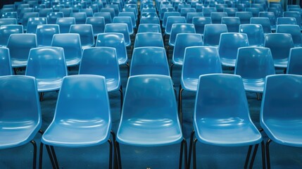 Fototapeta premium Blue plastic chairs in rows with metal legs on a matching blue background, showcasing repetition and simplicity in design.