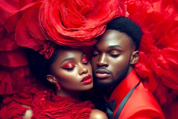 Sign of love and affection. Valentine's day, enamored couple: extraordinary dazzling, image of loving black young couple. Commercial commercial artwork. Happy relationship. Holding hands.