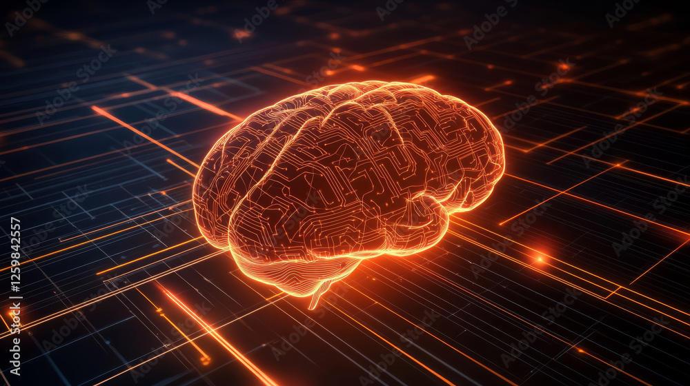Poster high tech digital image of human brain with glowing circuits, symbolizing advanced technology and ar