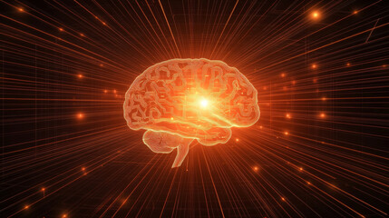 Fototapeta premium high tech digital image of human brain illuminated with glowing lines and particles, symbolizing intelligence and creativity
