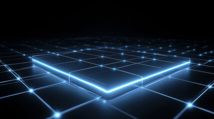 high tech digital wall box with glowing edges displayed on grid background, showcasing futuristic design and advanced technology