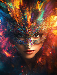 Fototapeta premium A striking portrait of a woman with large expressive eyes, wearing a colorful carnival mask and an elaborate feathered headdress, set against a vibrant fantasy-themed background.