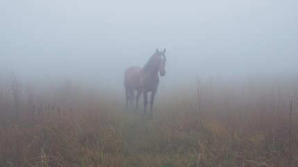 Horse standing in a field of tall grass. the horse is facing towards the right side of the image and its head is turned slightly to the left.