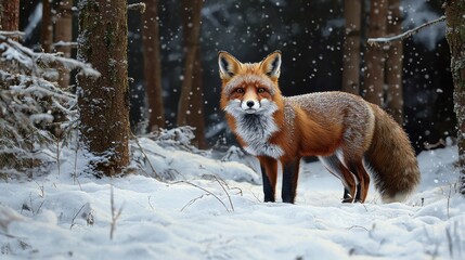 Fototapeta premium A fox is standing in the snow, looking at the camera