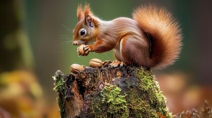 Fototapeta premium A squirrel is eating nuts on a log