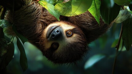 Fototapeta premium A sloth is hanging from a tree branch