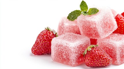 Refreshing strawberry ice cubes and fresh strawberries, garnished with mint leaves, creating a cool and vibrant summer vibe on a white background.