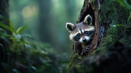 Fototapeta premium A baby raccoon is peeking out of a hole in a tree