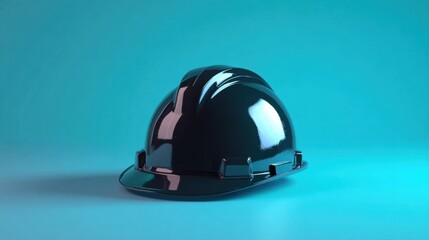 Fototapeta premium A black hard hat with a matte finish on a futuristic cyan gradient background