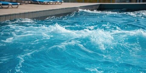 Turbulent blue water in swimming pool with ripples and waves, fluid dynamics, aquatic scene