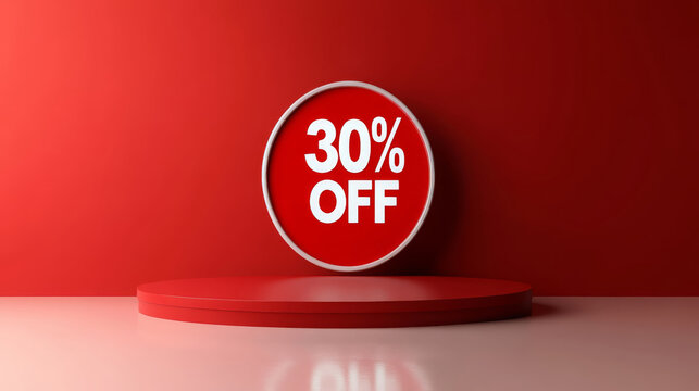 30% off sale sign on red background, creating bold promotional display. This visually striking composition captures attention and conveys sense of urgency