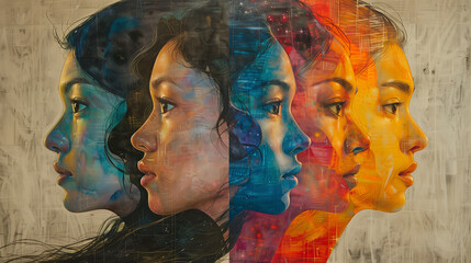 Profile of a young woman on a surrealist, colored background with other four women back to back, painting style
