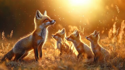 Fototapeta premium A family of foxes are standing in a field of tall grass