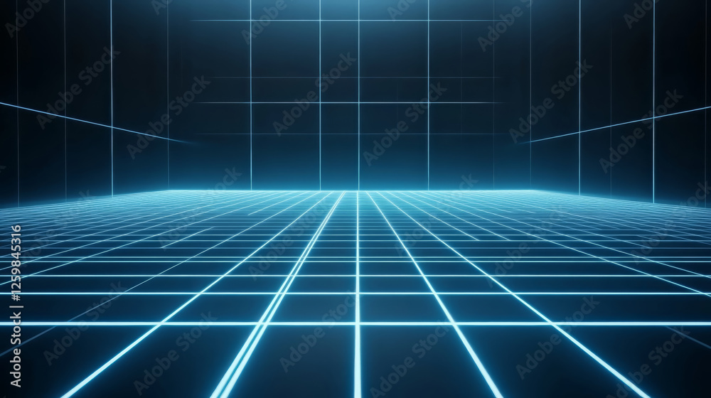 Aufkleber futuristic digital environment with glowing grid lines creates sense of depth and space. empty setti