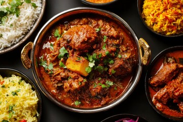 Overhead shot of Indian curry with rice, ready to eat, on a dark background