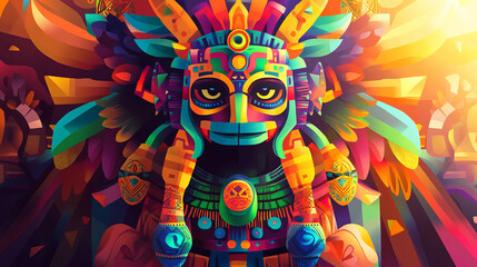 Fototapeta premium A bold and colorful illustration of the Aztec god Quetzalcoatl, featuring geometric patterns and a vivid gradient background, blending ancient mythology with a dynamic and artistic modern style.