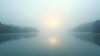 Obraz premium A stunning view of fog in nature featuring a lake with serene reflections and atmospheric effects that create a sense of peace and harmony.