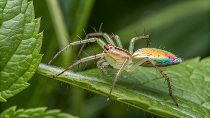 Fototapeta premium Rainbow Spider on Leaf: A vibrant, iridescent jumping spider with a stunning array of colors—greens, oranges, and blues—perched on a lush green leaf.