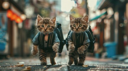 Two cute kittens, wearing school uniforms and carrying school bags, standing and walking in the middle of a busy street