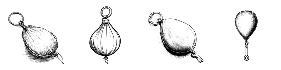 Different types of traditional weights for fishing nets displayed on a white background